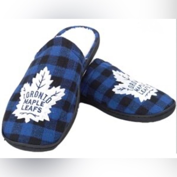 NHL Shoes - NHL Toronto Maple Leafs Blue and Black Plaid Slip-On Slippers